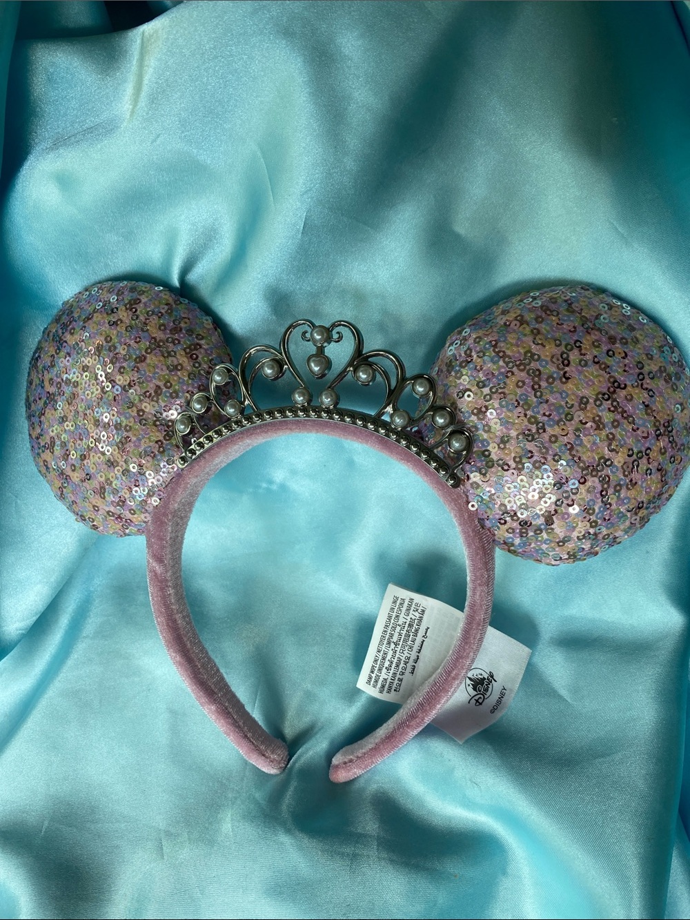 Disney Pink Sequin Minnie Mouse Ears Headband with Silver Tiara